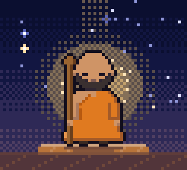 不二一元論ヴェーダーンタの導き手「遊行僧（サンニャーシ）」のドット絵
